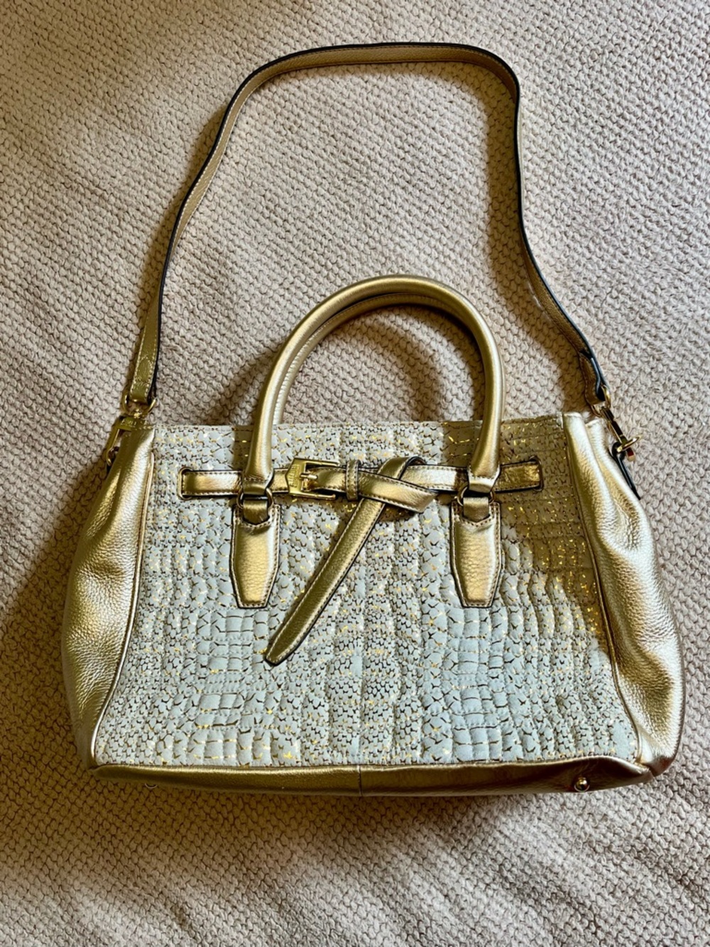 Aimee Kestenberg Metallic Gold Cream Suede Textured Satchel Large Shoulder Bag